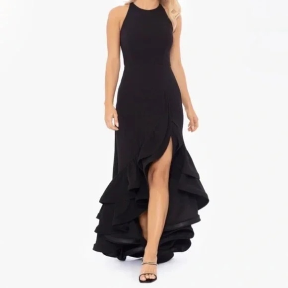 Betsy & Adam. Arielle Scuba Crepe Ruffle Slit Gown. - Picture 1 of 11